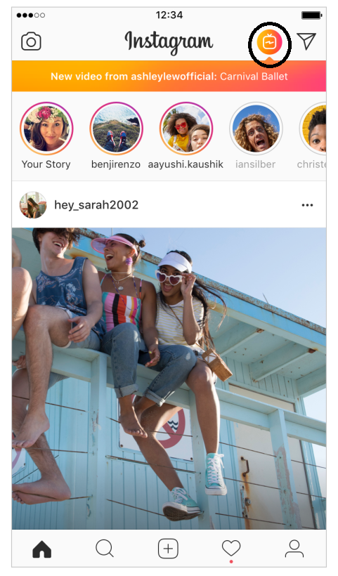 Abb. 1: IGTV Button im Instagram Home Screen (Quelle: Instagram)