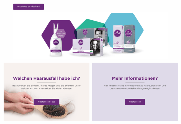 Website haarausfall.de führt Nutzer durch das Thema und stellt Marke vor